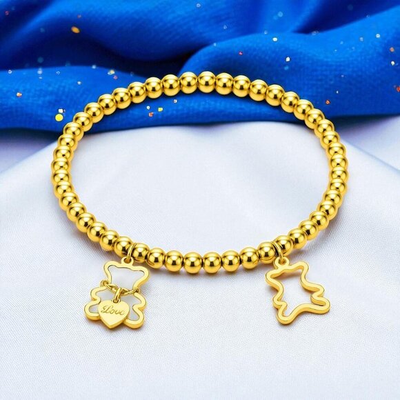 🆕️18K Gold Plated Bear Charm Stretch Bracelet Beaded Stainless Steel Stackable - Picture 1 of 10
